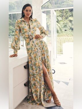 Aqua Blu Yellow and Green Floral Maxi Dress